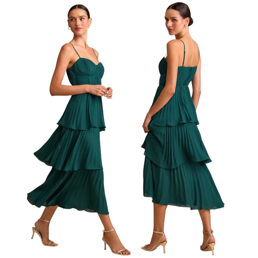 Lulus Cascading Crush Emerald Tiered Bustier Midi Dress size Large NWT